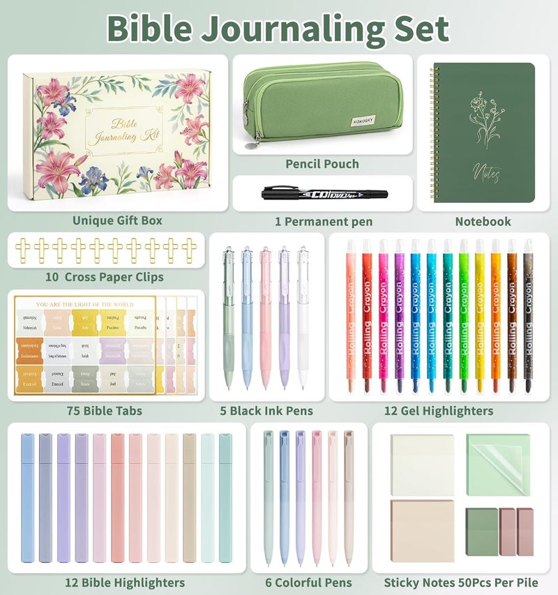 Pidada 59Pcs Bible Study Supplies, Bible Journaling Kit for Women, Pencil Case, 12 Pastel No Bleed Highlighters and 6 Colored Pens, Bible Tabs and More, Bible Study Tools, Book Annotation Kit for Women & Men - Image 2